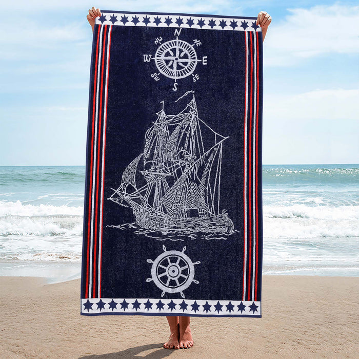 Navy Ship Oversized Cotton 2 Piece Beach Towel Set - NavyBlue