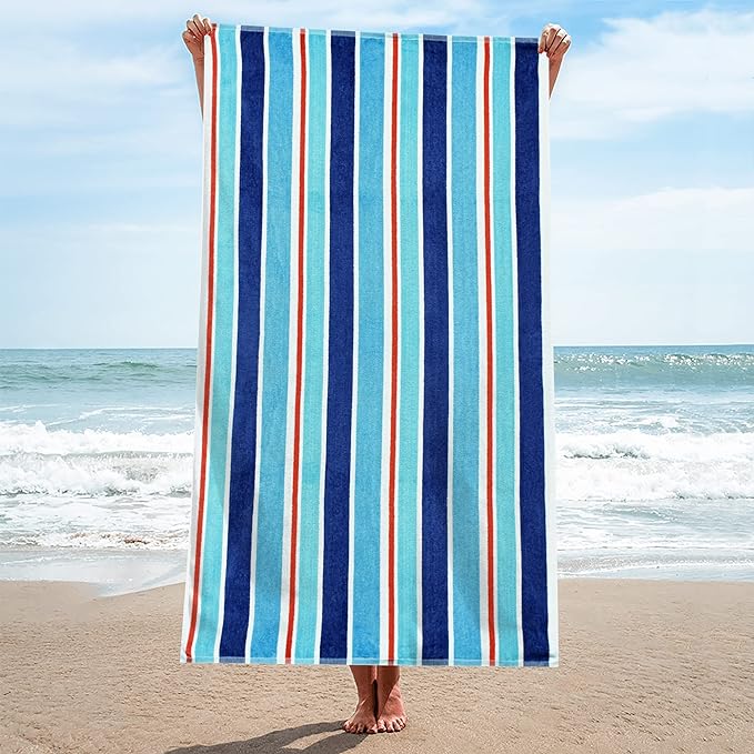 Ocean Stripe Oversized Cotton 2 Piece Beach Towel Set - Blue