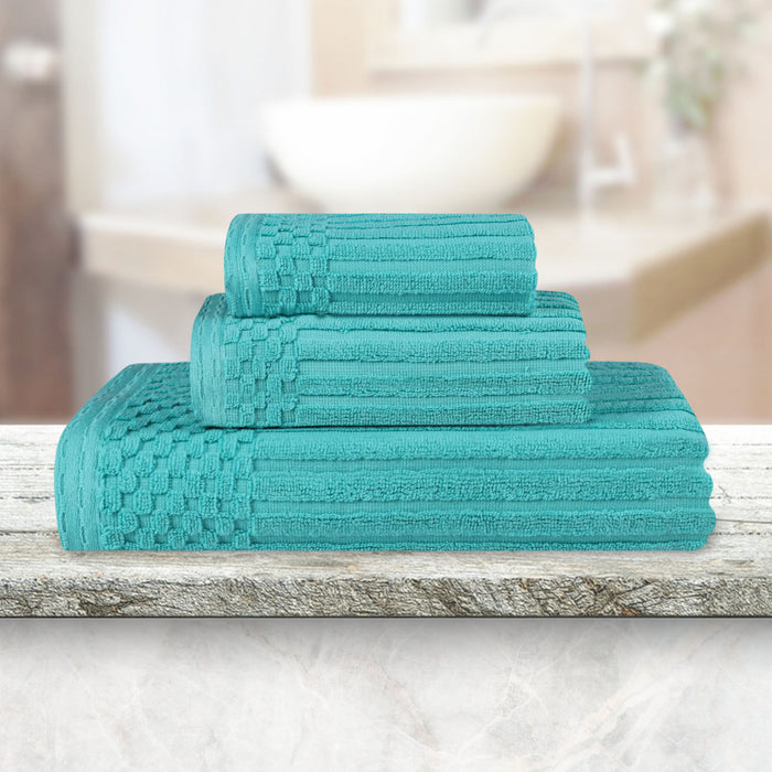 Soho Cotton Ribbed Checkered Border 3 Piece Towel Set