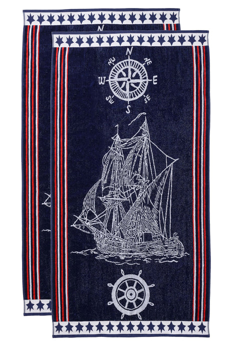 Navy Ship Oversized Cotton 2 Piece Beach Towel Set - NavyBlue