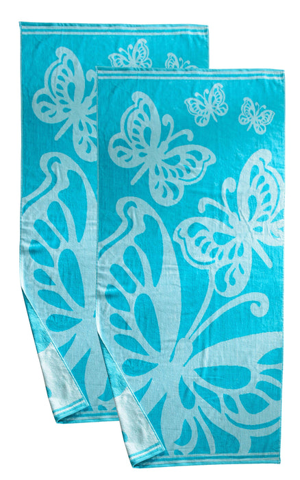 Cotton Oversized Butterflies 2 Piece Beach Towel Set - Teal