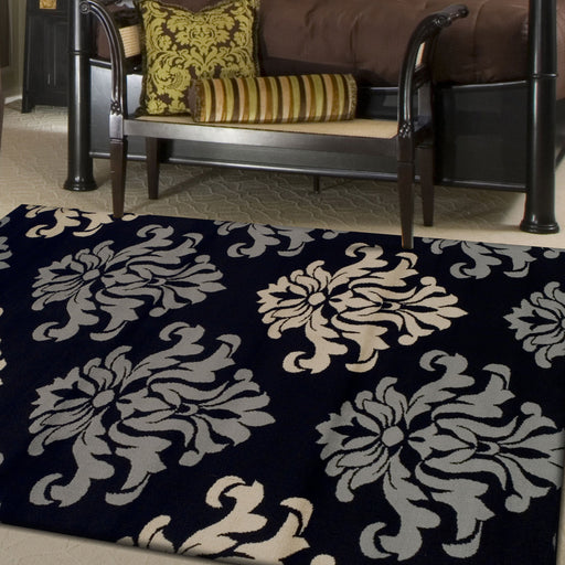 Casper Damask Floral Area Rug Or Runner Rug - Black