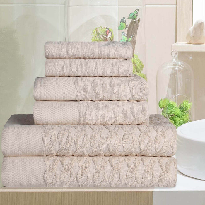 Turkish Cotton 6 Piece Highly Absorbent Jacquard Herringbone Towel Set - Ivory