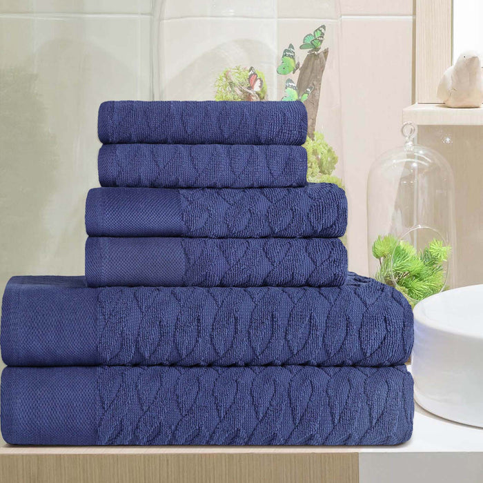 Turkish Cotton 6 Piece Highly Absorbent Jacquard Herringbone Towel Set - Navy Blue