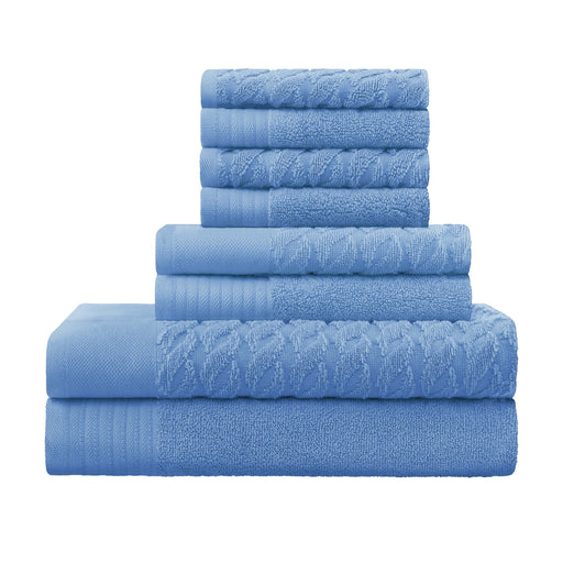 Turkish Cotton 8 Piece Jacquard Herringbone and Solid Towel Set - Pacific Blue