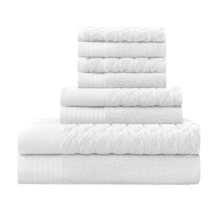 Turkish Cotton 8 Piece Jacquard Herringbone and Solid Towel Set - White
