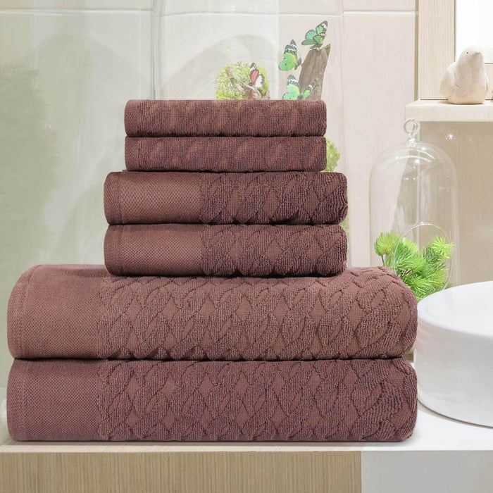 Turkish Cotton Herringbone Jacquard Assorted 6 Piece Towel Set - Chocolate