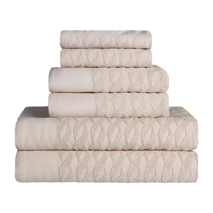 Turkish Cotton Herringbone Jacquard Assorted 6 Piece Towel Set - Ivory