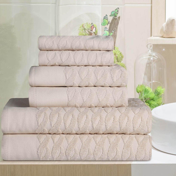 Turkish Cotton Herringbone Jacquard Assorted 6 Piece Towel Set - Ivory