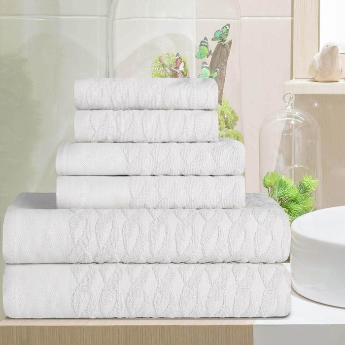 Turkish Cotton Herringbone Jacquard Assorted 6 Piece Towel Set - White