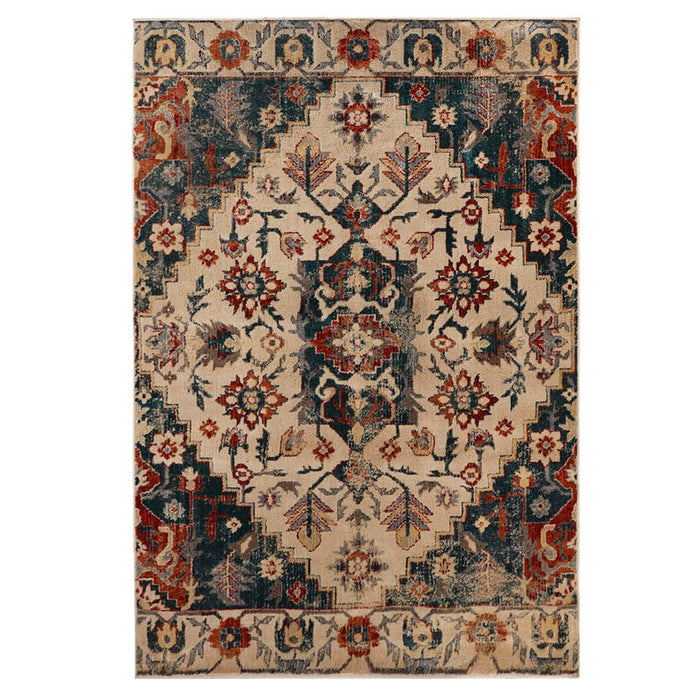 Leena Tribal Medallion Traditional Indoor Area Rug or Runner- Ivory-Teal