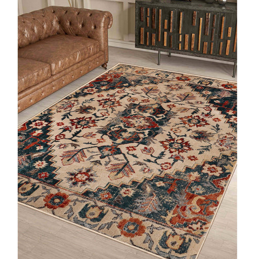 Leena Tribal Medallion Traditional Indoor Area Rug or Runner- Ivory-Teal