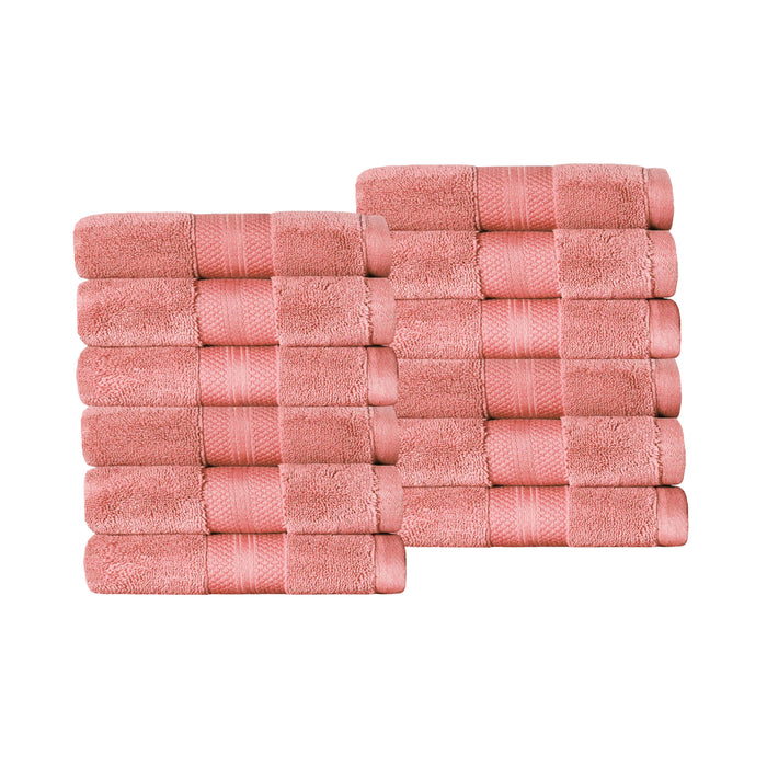 Turkish Cotton Absorbent Ultra-Plush Solid 12-Piece Face Towel Set - Coral