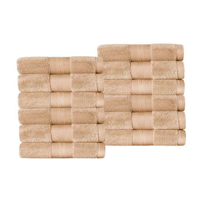 Turkish Cotton Absorbent Ultra-Plush Solid 12-Piece Face Towel Set - Hazelnut