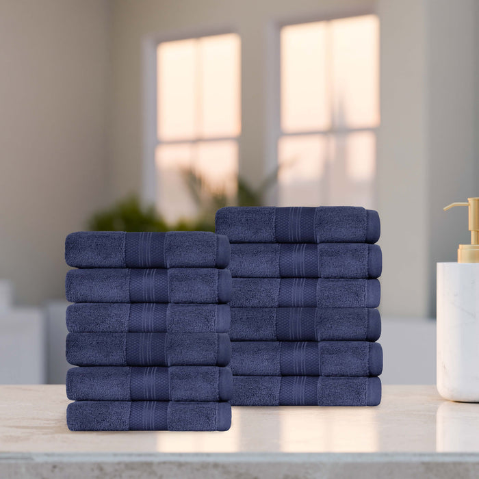 Turkish Cotton Absorbent Ultra-Plush Solid 12-Piece Face Towel Set - Navy Blue