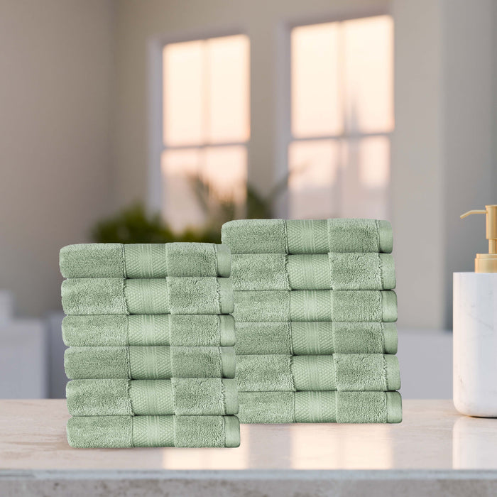 Turkish Cotton Absorbent Ultra-Plush Solid 12-Piece Face Towel Set - Olive Green