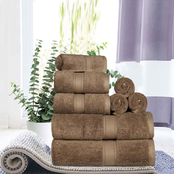 Egyptian Cotton Pile Plush Heavyweight Absorbent 8 Piece Towel Set - Chocolate