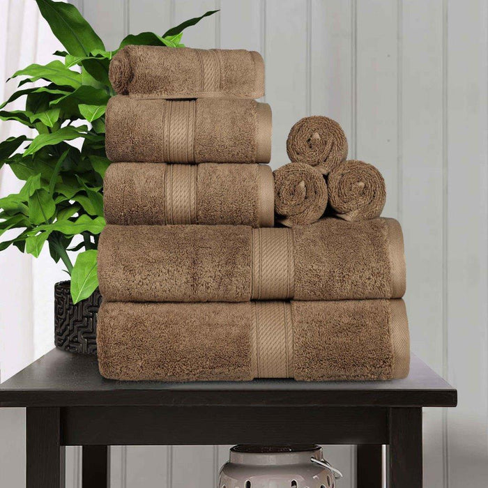 Egyptian Cotton Pile Plush Heavyweight Absorbent 8 Piece Towel Set - Chocolate