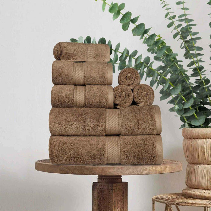 Egyptian Cotton Pile Plush Heavyweight Absorbent 8 Piece Towel Set - Chocolate