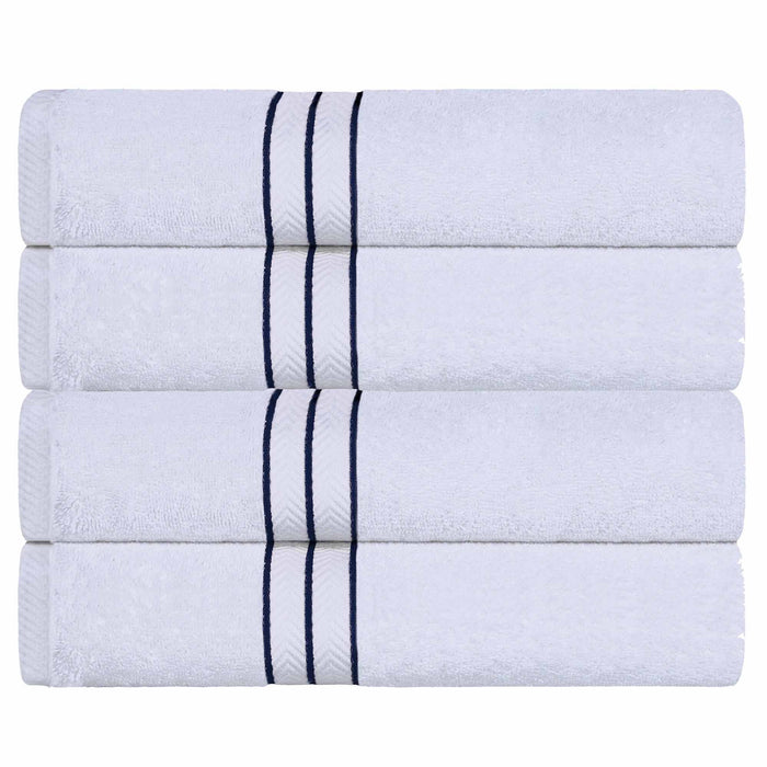 Turkish Cotton Ultra Plush Solid Absorbent 4 Piece Bath Towel Set -White/Navy Blue