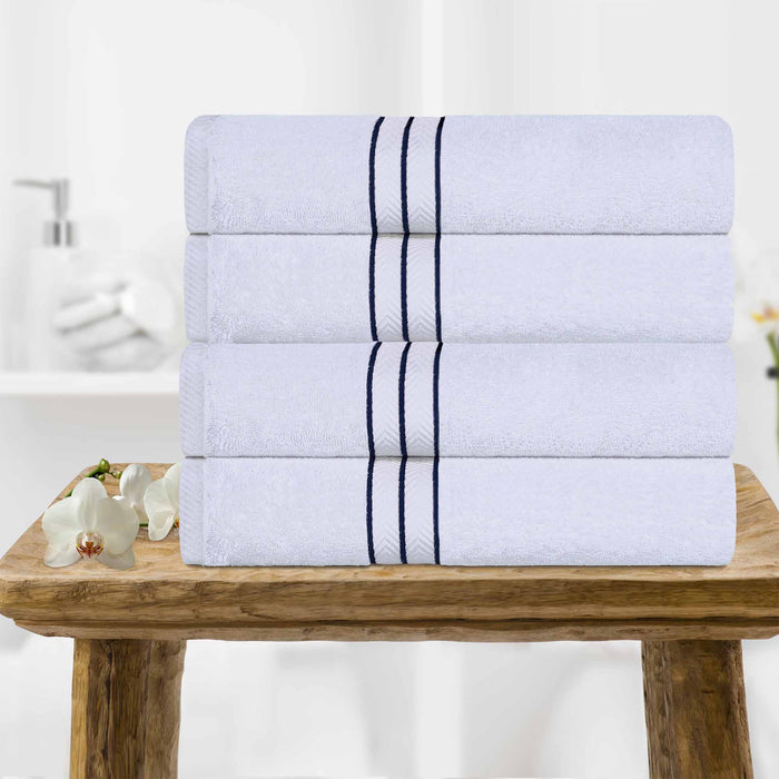 Turkish Cotton Ultra Plush Solid Absorbent 4 Piece Bath Towel Set -White/Navy Blue