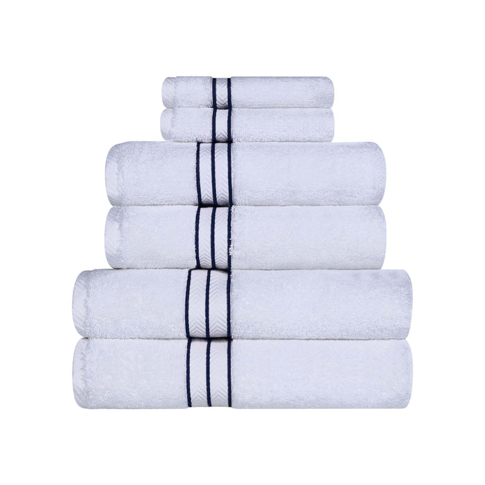 Turkish Cotton Ultra-Plush Solid 6-Piece Highly Absorbent Towel Set - White/Navy Blue