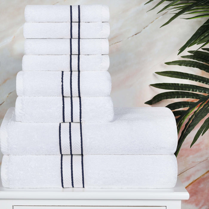 Turkish Cotton Ultra-Plush Solid 8 Piece Highly Absorbent Towel Set - White/Navy Blue