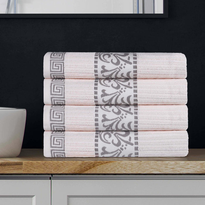 Athens Cotton Greek Scroll and Floral 4 Piece Assorted Bath Towel Set - Ivory/ Grey
