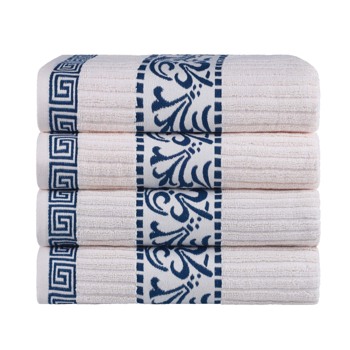 Athens Cotton Greek Scroll and Floral 4 Piece Assorted Bath Towel Set - Ivory/Navy Blue