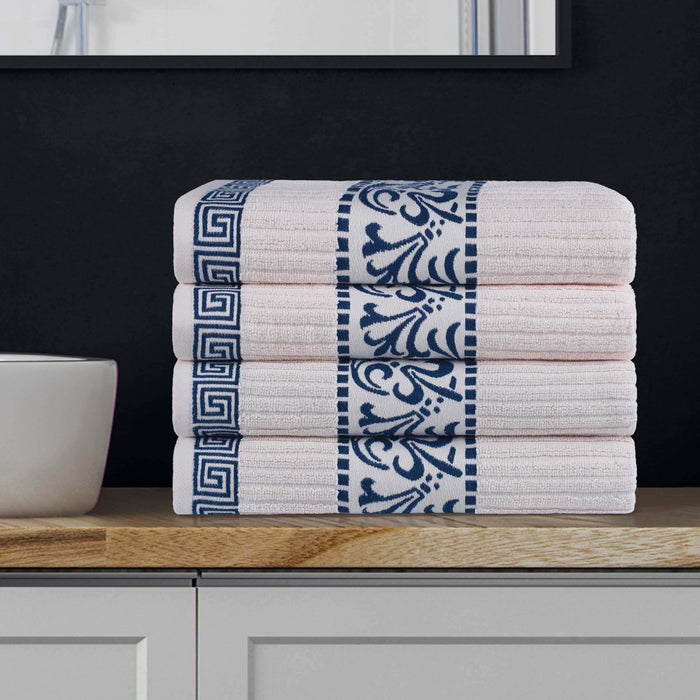 Athens Cotton Greek Scroll and Floral 4 Piece Assorted Bath Towel Set - Ivory/Navy blue