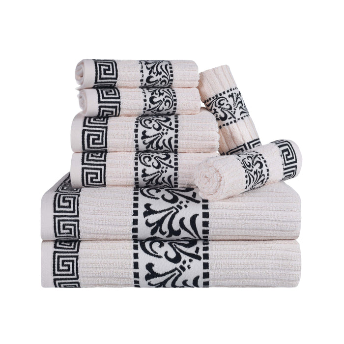 Athens Cotton Greek Scroll and Floral 8 Piece Assorted Towel Set - Ivory/ Black