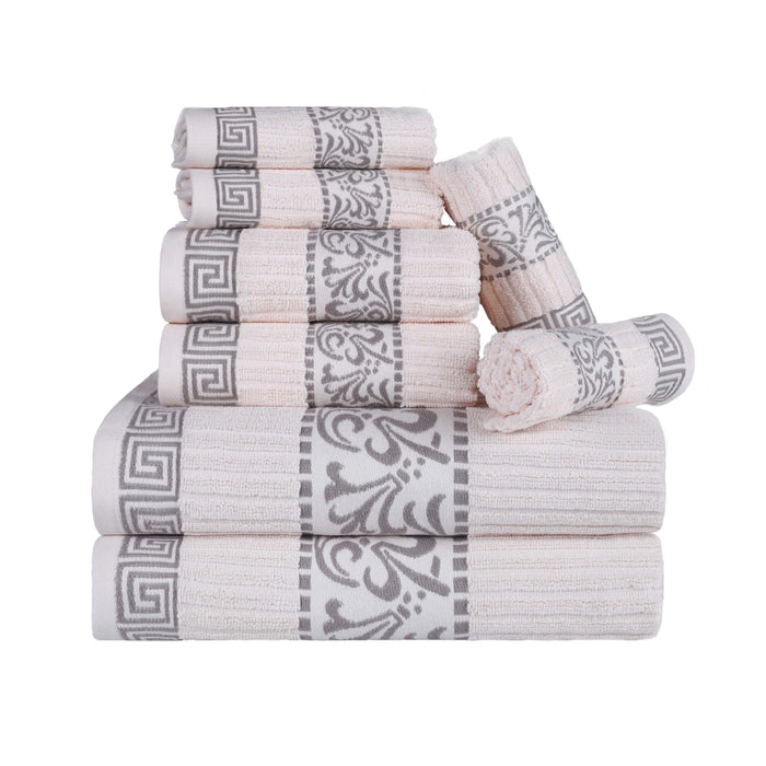 Athens Cotton Greek Scroll and Floral 8 Piece Assorted Towel Set - Ivory/ Chrome
