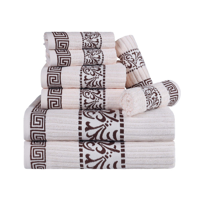 Athens Cotton Greek Scroll and Floral 8 Piece Assorted Towel Set - Ivory/ Chocolate