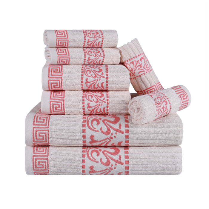 Athens Cotton Greek Scroll and Floral 8 Piece Assorted Towel Set - Ivory/ Coral