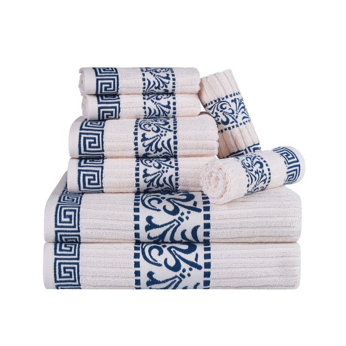 Athens Cotton Greek Scroll and Floral 8 Piece Assorted Towel Set - Ivory/ Navy Blue