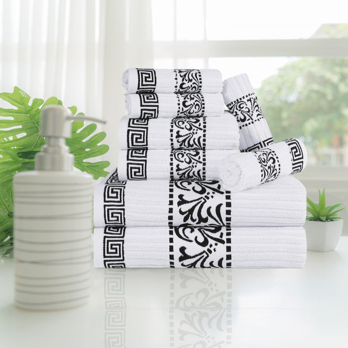 Athens Cotton Greek Scroll and Floral 8 Piece Assorted Towel Set - White/ Black