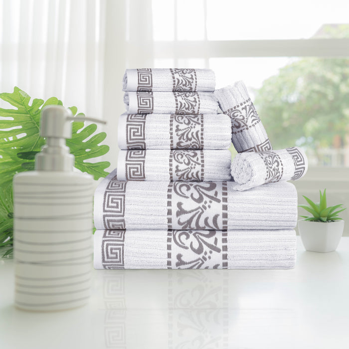 Athens Cotton Greek Scroll and Floral 8 Piece Assorted Towel Set - White/ chrome