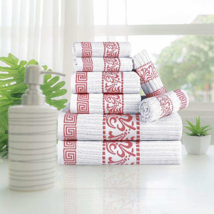 Athens Cotton Greek Scroll and Floral 8 Piece Assorted Towel Set - White/ Coral