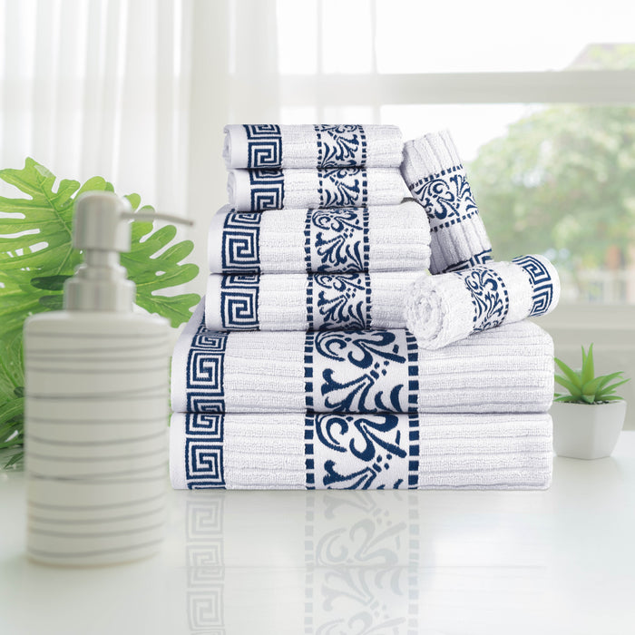 Athens Cotton Greek Scroll and Floral 8 Piece Assorted Towel Set - White/ Navy Blue