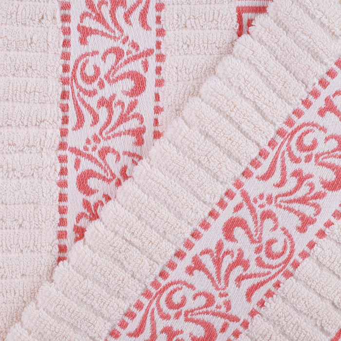 Athens Cotton Greek Scroll and Floral 4 Piece Assorted Bath Towel Set - Ivory/Coral