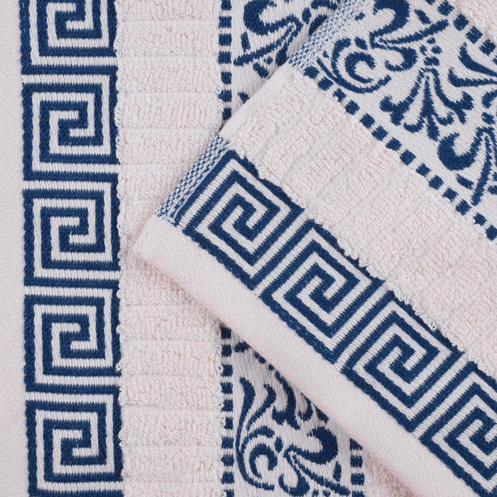 Athens Cotton Greek Scroll and Floral 8 Piece Assorted Towel Set -Ivory/ Navy Blue