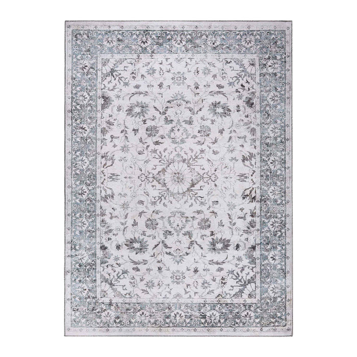 Agra Floral Scroll Border Washable Indoor Area Rug or Runner - Gray