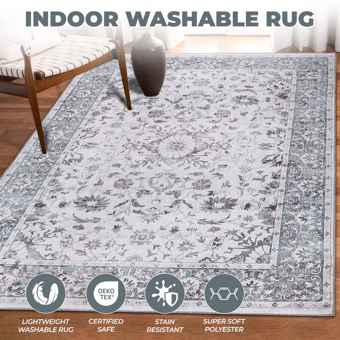 Agra Floral Scroll Border Washable Indoor Area Rug or Runner - Gray