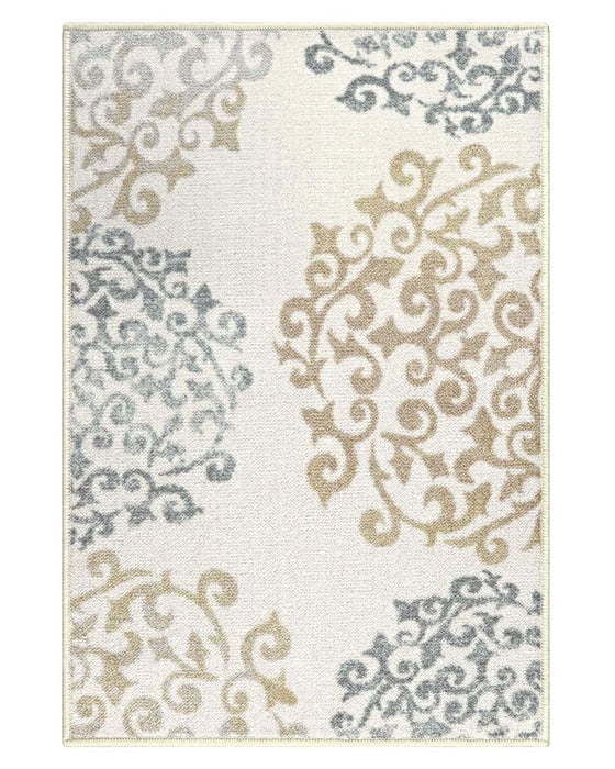 Amber Floral Medallion Non Slip Washable Indoor Area Rugs or Runner - Ivory