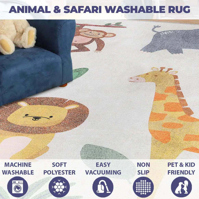 Animal Safari Playroom Non-Slip Kids Indoor Area Rug - Ivory