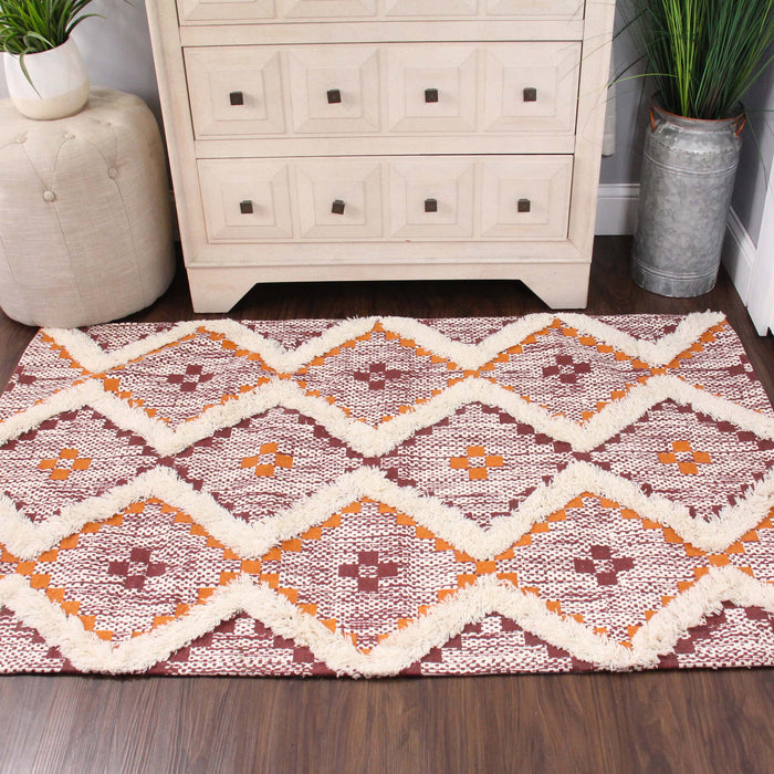 Talluah Hand-Tufted Cotton/Wool Textured Geometric Farmhouse Area Rug - Appricot/Brick Red