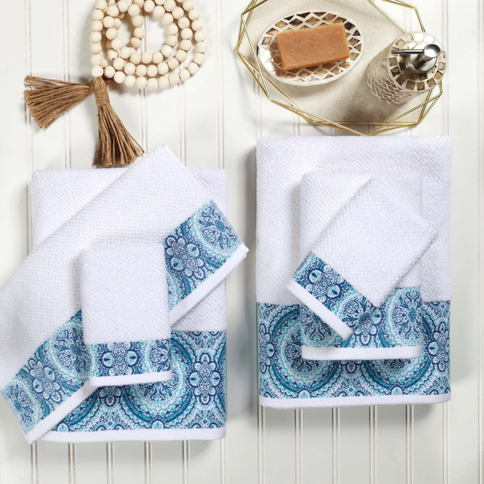 Medallion Cotton Jacquard Textured 6 Piece Assorted Towel Set - Aqua