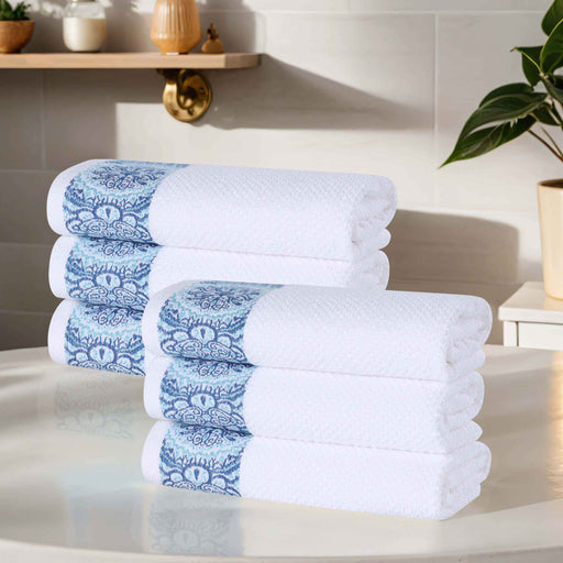 Medallion Cotton Jacquard Textured Hand Towels, Set of 6 - Aqua
