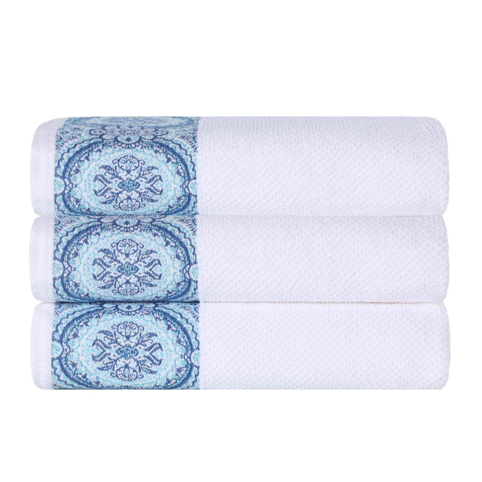 Medallion Cotton Jacquard Textured Bath Towels, Set of 3 - Aqua