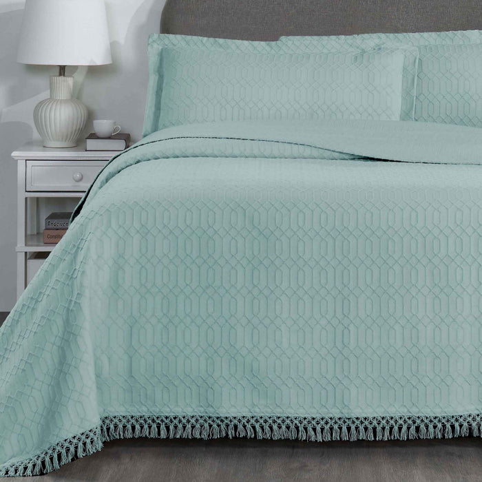 Remi Cotton Blend Jacquard Woven Geometric Fringe Bedspread Set - Aqua